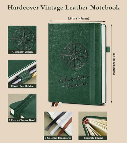 Lined Journal Notebook for Women Men, 160 Pages, A5 Hardcover Vintage Leather Journaling Notebooks for Work, School, Note Taking, Travel, Bible Study, Daily Diary for Writing 5.8"x8.5" (Green)