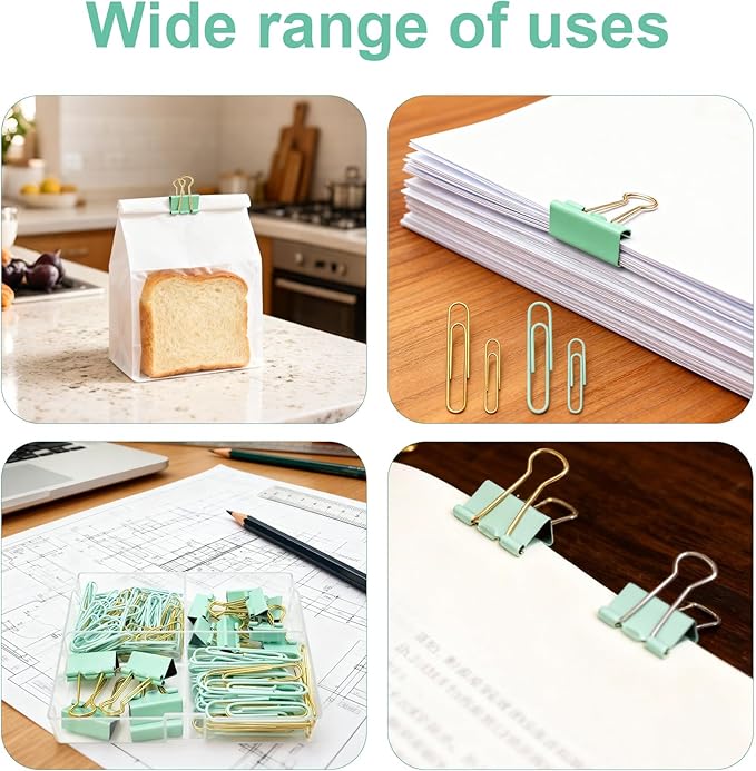 Cute Paper Clips Binder Clips Set, 165 Pcs Assorted Size Paperclips Binder Clips Large & Small Size, Cute Office Supplies Set for School Supplies and Desk Essentials, Green