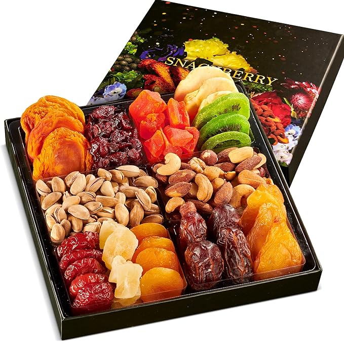 Dried Fruit & Nuts Gift Basket Arrangement Platter, Gourmet Food Snack Box, For Christmas, New Years, Birthday Care Package, Healthy Kosher - Her Him - 12 Snackberry Assortment (1 Pack)