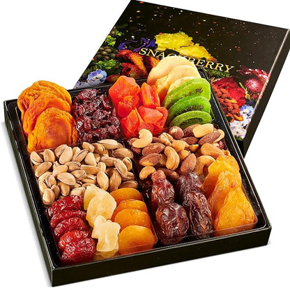 Dried Fruit & Nuts Gift Basket Arrangement Platter, Gourmet Food Snack Box, For Christmas, New Years, Birthday Care Package, Healthy Kosher - Her Him - 12 Snackberry Assortment (1 Pack)