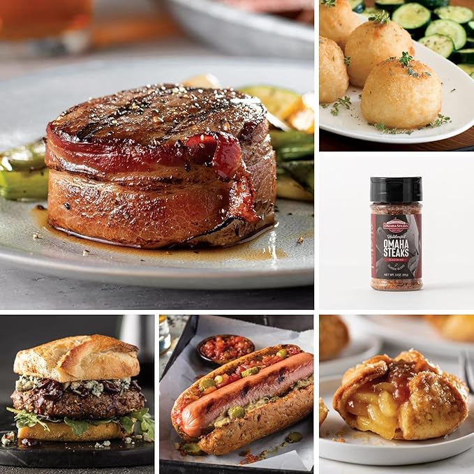 Omaha Steaks Deluxe Gift Package (4 Bacon-Wrapped Filet Mignons, 4 Steak Burgers, 4 Gourmet Jumbo Franks, 4 Au Gratin Potatoes, 4 Caramel Apple Tartlets, 1 jar Omaha Steaks Seasoning)