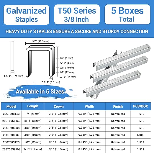 meite T50 Staple Gun Staples, 3/8 Inch Heavy Duty Staples, Galvanized 20 Gauge 3/8 Inch Crown Staple for Upholstery, Construction, Furniture (5 Boxes)
