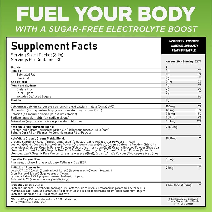 Keto Vitals Keto Electrolytes Plus Greens Superfood Powder Packets - 30 Servings Super Greens Powder Packets with Sugar Free Electrolytes for Hydration, Gut Health & Digestion - Green Drink Mix