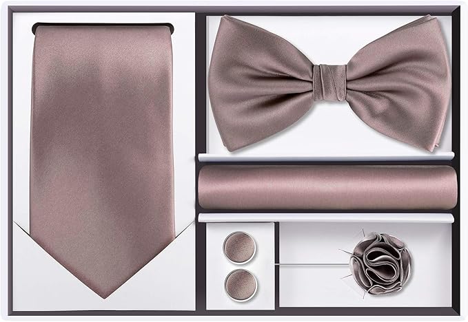 TIE G 5pcs Tie Set in WHITE OR BLACK GIFT BOX: Solid Color Necktie, Satin Bow Tie, Pocket Square, Lapel, Cuff Links