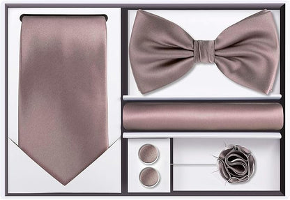 TIE G 5pcs Tie Set in WHITE OR BLACK GIFT BOX: Solid Color Necktie, Satin Bow Tie, Pocket Square, Lapel, Cuff Links