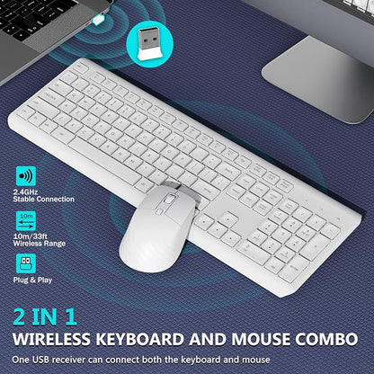 Wireless Keyboard and Mouse Combo, 2.4G Lag-Free Full Size Computer Keyboard and Ergonomic Adjustable DPI Silent Contoured Optical Mouse, Long Battery Life for PC, Windows, MAC Laptop (White)