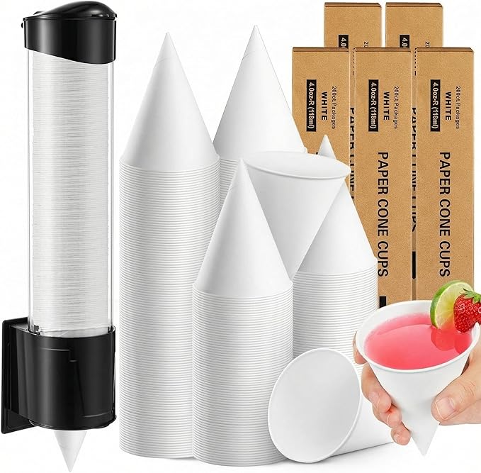Roshtia 1000 Pcs 4 oz Snow Cone Cups Paper Thicken Disposable with 1 Cups Dispenser Pull Type Wall Mount Cup Holder Paper for Restaurants, Home, and Office, and Shaved Ice, Cold (White)