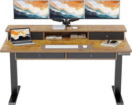 ErGear Electric Standing Desk with 4 Drawers, 63" x 30" Height Adjustable Desk with Storage, C-Clamp Mount Compatible, Computer Home Office Table with Cable Management Tray, Vintage Brown
