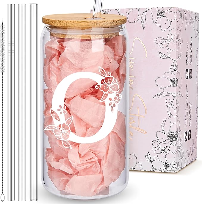 Personalized Tumbler, Monogrammed Can Glass Cups with Bamboo Lids and Straws, Customized Gifts for Women, Cute Design Initial Iced Coffee glasses, Custom Letter Mug, Birthday Bridesmaid, O