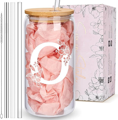 Personalized Tumbler, Monogrammed Can Glass Cups with Bamboo Lids and Straws, Customized Gifts for Women, Cute Design Initial Iced Coffee glasses, Custom Letter Mug, Birthday Bridesmaid, O