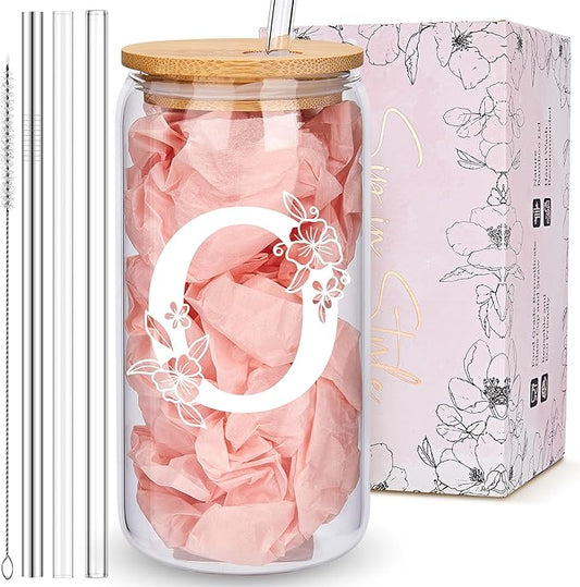Personalized Tumbler, Monogrammed Can Glass Cups with Bamboo Lids and Straws, Customized Gifts for Women, Cute Design Initial Iced Coffee glasses, Custom Letter Mug, Birthday Bridesmaid, O