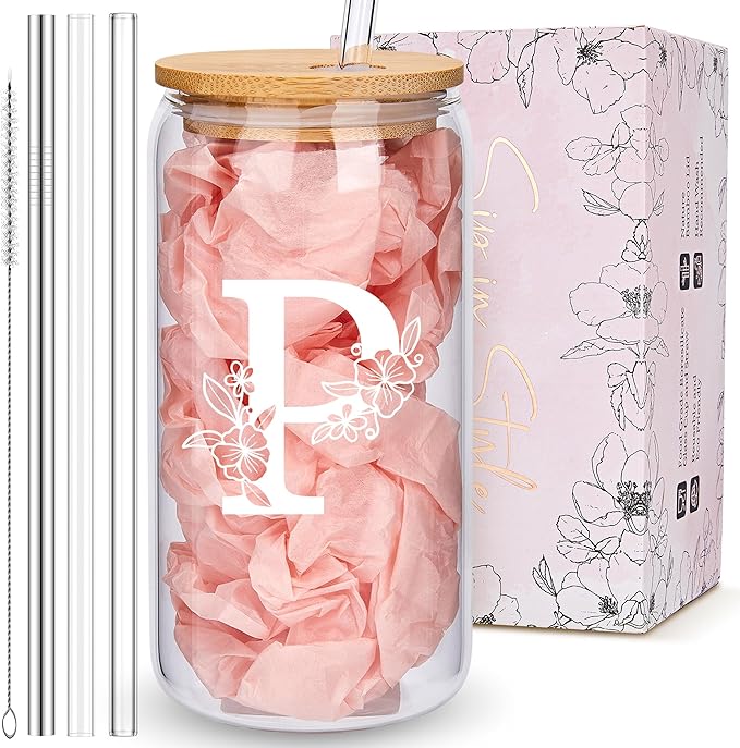 Personalized Tumbler, Monogrammed Can Glass Cups with Bamboo Lids and Straws, Customized Gifts for Women, Cute Design Initial Iced Coffee glasses, Custom Letter Mug, Birthday Bridesmaid, P