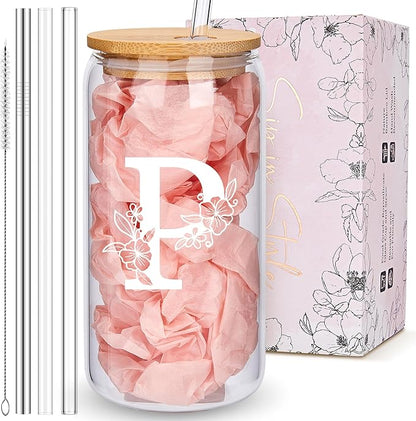 Personalized Tumbler, Monogrammed Can Glass Cups with Bamboo Lids and Straws, Customized Gifts for Women, Cute Design Initial Iced Coffee glasses, Custom Letter Mug, Birthday Bridesmaid, P