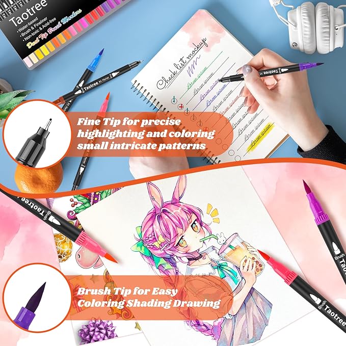 Taotree 120 Colors Dual Tip Art Markers Pens for Kids Adult Coloring Book, Artist Fine & Brush Tip Coloring Markers Drawing Pens Craft Art Supplies for Journaling Note Taking Lettering Calligraphy