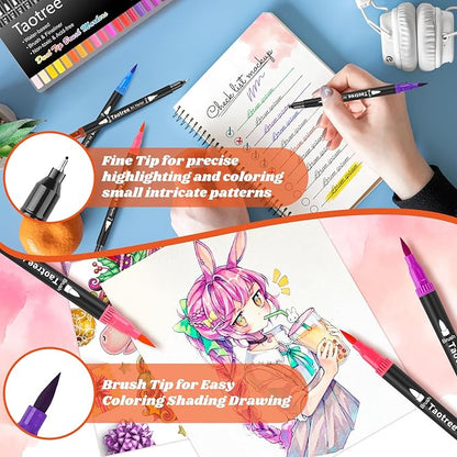 Taotree 120 Colors Dual Tip Art Markers Pens for Kids Adult Coloring Book, Artist Fine & Brush Tip Coloring Markers Drawing Pens Craft Art Supplies for Journaling Note Taking Lettering Calligraphy