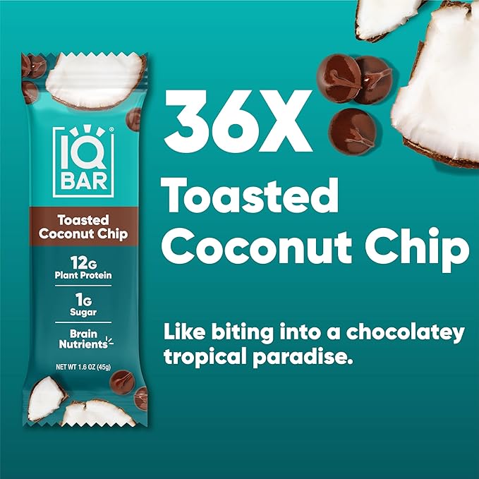 IQBAR Brain and Body Plant Protein Bars - Toasted Coconut Chip - 36-Count - Keto, Vegan, Low Carb, High Fiber, Gluten Free, Dairy Free, Low Sugar Snack with Nutrients for Focus, Energy, Meal Replacement