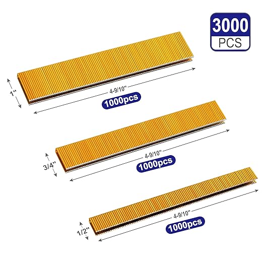 HW HAMWOO 18 Gauge 3000PCS,1/4" Narrow Crown Staples (1/2",3/4",1"),18GA Nail Gun Nails Assorted, Suitable for Most Brand of 18 Gauge Pneumatic and Electric Brad Nailer (Yellow)