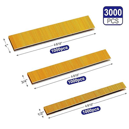 HW HAMWOO 18 Gauge 3000PCS,1/4" Narrow Crown Staples (1/2",3/4",1"),18GA Nail Gun Nails Assorted, Suitable for Most Brand of 18 Gauge Pneumatic and Electric Brad Nailer (Yellow)