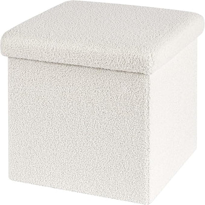 Folding Storage Ottoman Cube - Small Footrest with Sherpa Top, Multi-Functional Storage for Bedroom, Living Room,White