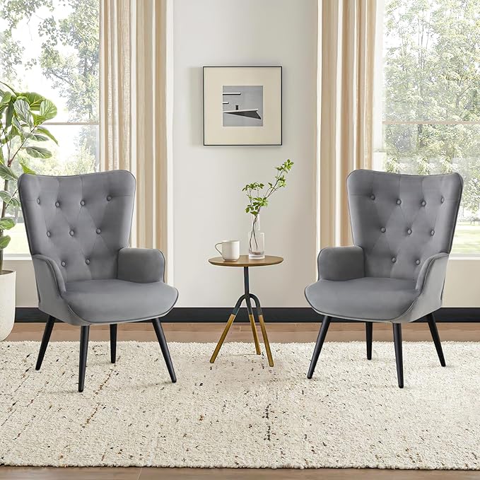 Furniliving Velvet Accent Chair for Living Room, Upholstered Reading Chair with High Backrest, Tufted-Button Wingback Armchair for Bedroom, Dressing Room, Home Office, Light Grey, Set of 2