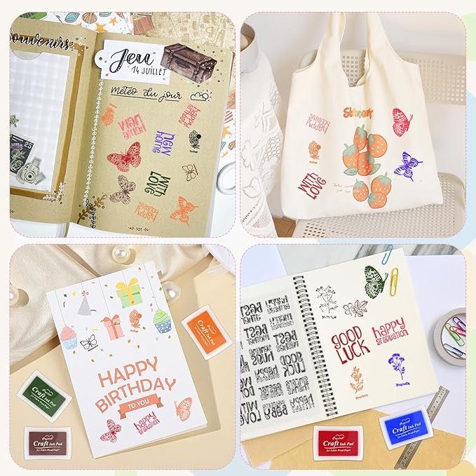 Craft Ink Pads and Clear Stamps Set for Card Making, 8 Washable Finger Stamp Pad,Rubber Stamps for Journaling, Scrapbooking, DIY Arts Craft Beginner Kit for Teens and Adults