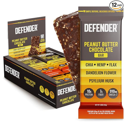 Defender Vegan Protein Bar, Peanut Butter Chocolate, Plant Based Snack Breakfast Bars, Psyllium Husk, High Fiber, Non GMO, Kosher, No Stevia & Sugar Alcohols, 12 Bars, Holiday Gift Item, Stocking Stuffer