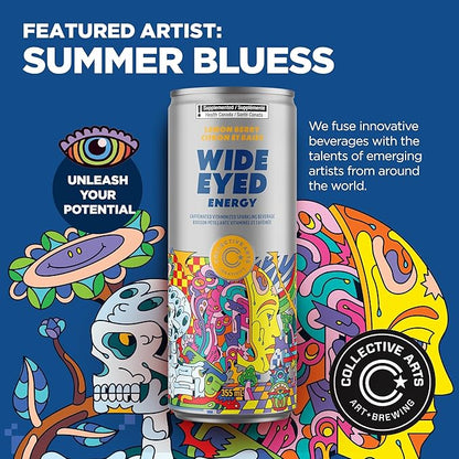 Collective Arts Wide Eyed Energy Drinks | Naturally-Flavored Caffeinated Vitaminized Sparkling Beverage With Fruit Extracts | Lemon Berry BOOST | Pack of 12 | 12 fl oz.(355ml)