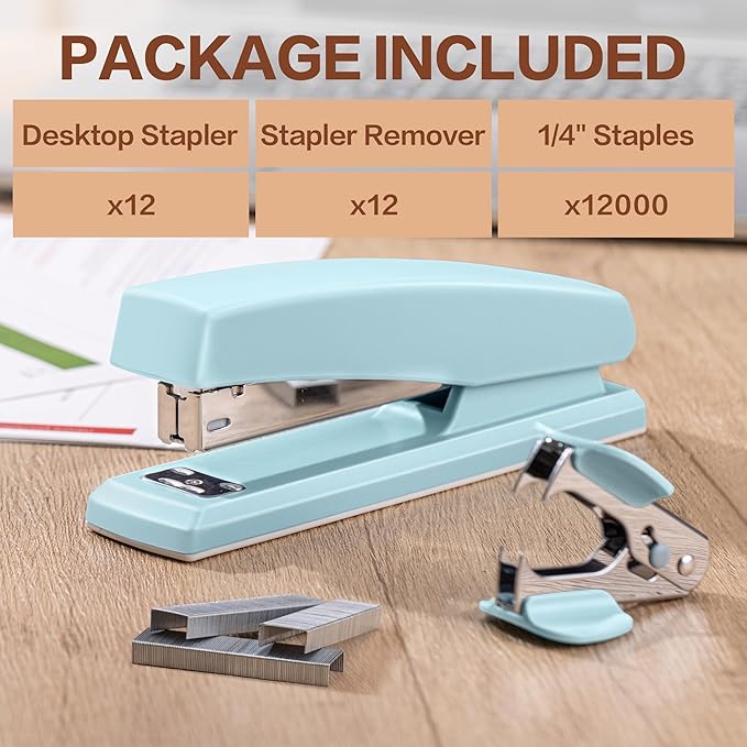 Deli Stapler, 12 Pack Staplers with 12000 Staples and 12 Staple Removers, Staplers for Desk, 25 Sheet Capacity, Assorted 6 Colors
