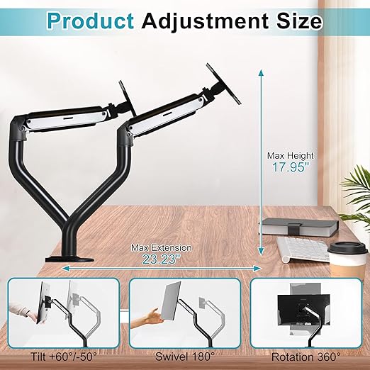 Lyngins Dual Monitor Desk for 15 to 27 Inch Screens Computer Dual Monitor Stand for Desk, Stand Up to 26.4lbs Monitor Wall Mount, VESA Mounting Holes 75 and 100mm, Black