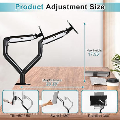 Lyngins Dual Monitor Desk for 15 to 27 Inch Screens Computer Dual Monitor Stand for Desk, Stand Up to 26.4lbs Monitor Wall Mount, VESA Mounting Holes 75 and 100mm, Black