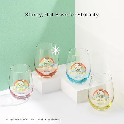 JoyJolt Hello Kitty Sweet Rainbow Stemless Drinking Glasses Set of 4, 19oz Glass Cups, Kawaii Kitchen Glassware Sets, Sanrio Hello Kitty Merch, Teardrop Tumblers for Water, Juice, Coffee, Iced Tea