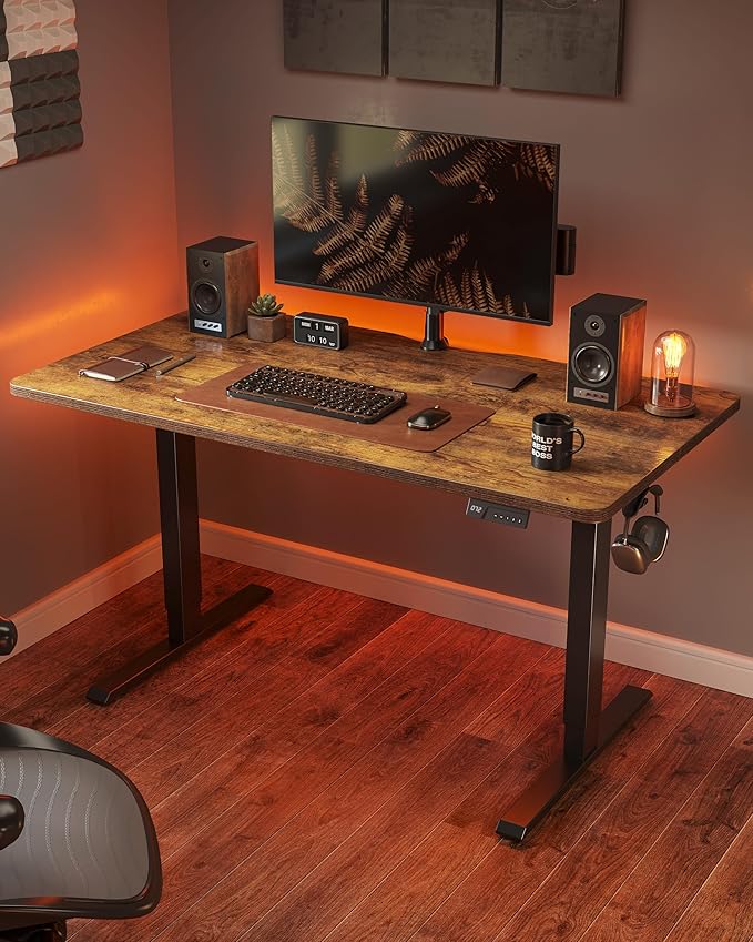 FEZIBO Standing Desk, 55×28 Inches Electric Height Adjustable, Sit Stand Up, Computer Office Desk with Splice Board, Black Frame/Rustic Brown TOP
