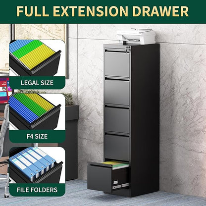 5 Drawer File Cabinet with Lock, Steel Vertical Filing Storage Cabinet for Home Office, Heavy-Duty File Cabinets for Letters/Legal/A4 (Require Assembly, Black)