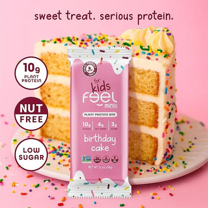 Feel Bar Minis – Kids Protein Bars | Birthday Cake | 10g Plant Protein | 100 Calories | No Added Sugar | + Daily Veggies | Gluten Free, No Nuts, No Soy, No Dairy, No Grains (12 Pack)