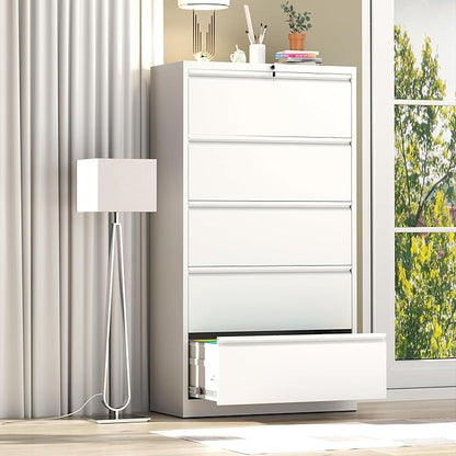 File Cabinet with Lock, 5 Drawer Lateral Filing Cabinet for Home Office, White Metal Heavy Duty File Cabinets for Hanging Letter/Legal/F4/A4 Size Files, Assembly Required