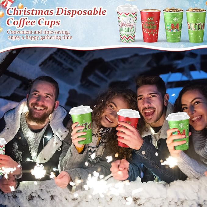 CHENGU 100 Set 16 oz Christmas Disposable Coffee Cups with Lids Lime Green Christmas Paper Cups for Hot Cocoa Chocolate Tea Green Elf Holiday Xmas Dinner Party Supplies