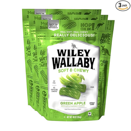 Wiley Wallaby Licorice 10 Ounce Classic Gourmet Soft & Chewy Australian Green Apple Licorice Candy Twists, 3 Pack