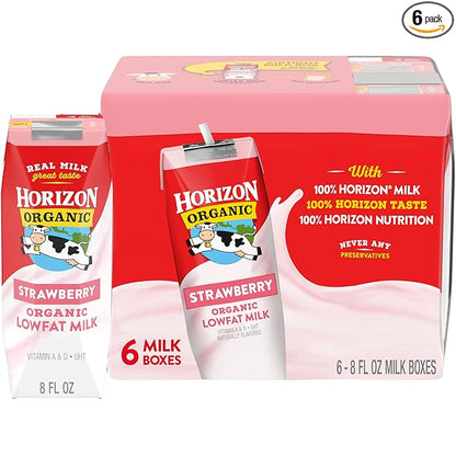 Horizon Organic Shelf Stable 1% Lowfat Strawberry Milk Boxes, 8 fl oz, 6 Count - 8g Protein per Serving, USDA Organic UHT from Pasture-Raised Cows, Ready to Drink for Lunchbox, Travel, or On-the-Go, No Refrigeration Needed