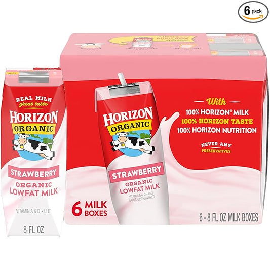 Horizon Organic Shelf Stable 1% Lowfat Strawberry Milk Boxes, 8 fl oz, 6 Count - 8g Protein per Serving, USDA Organic UHT from Pasture-Raised Cows, Ready to Drink for Lunchbox, Travel, or On-the-Go, No Refrigeration Needed