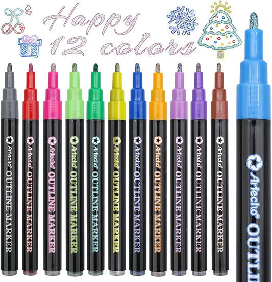Artecho Outline Markers, 12 Glitter Colors, Christmas Gift, Stocking Stuffers for Teen Girls, Double Line Metallic Markers for Tween Girls Trendy Stuff, Art Stuff Crafts for Teens