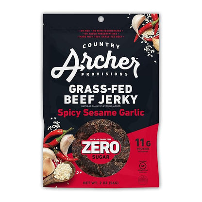 Country Archer Grass Fed Beef Jerky - Zero Sugar Beef Jerky, Sugar Free Beef Jerky Snack Pack, Beef Jerky Bulk, Individual Beef Jerky Packs, Gluten Free, Paleo - Spicy Sesame Garlic, 2 oz (Pack of 6)