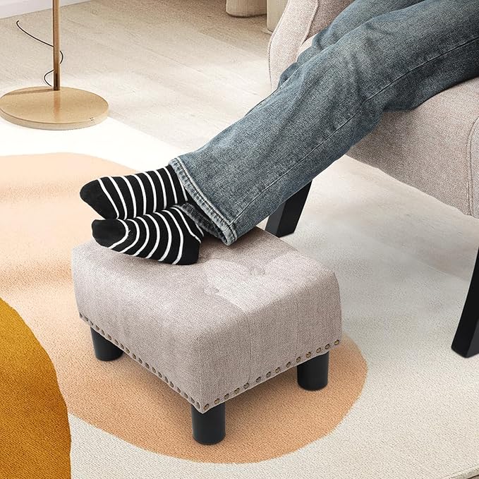 Athena Collection Small Foot Stool Ottoman with Storage, Rectangular Mini Ottoman with Legs Tufted Ottoman Foot Rest Stool Upholstered Ottoman Footstool with Nailhead Trim & Zipper, Sandy Beige