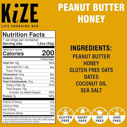 KiZE Energy Bars - Peanut Butter Honey - 20-Count - Gluten Free, Dairy Free, Non-GMO, and High Protein Meal Replacement Energy Bars, Clean and Simple Food Ingredients - 7g High Protein Snacks (20 Count)