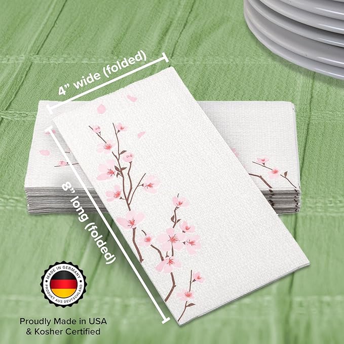 SimuLinen Cherry Blossom Disposable Guest Towels - Cloth-Like, Single-Use, Linen Feel Paper Towels, 12x17", 300ct (Made in Germany)