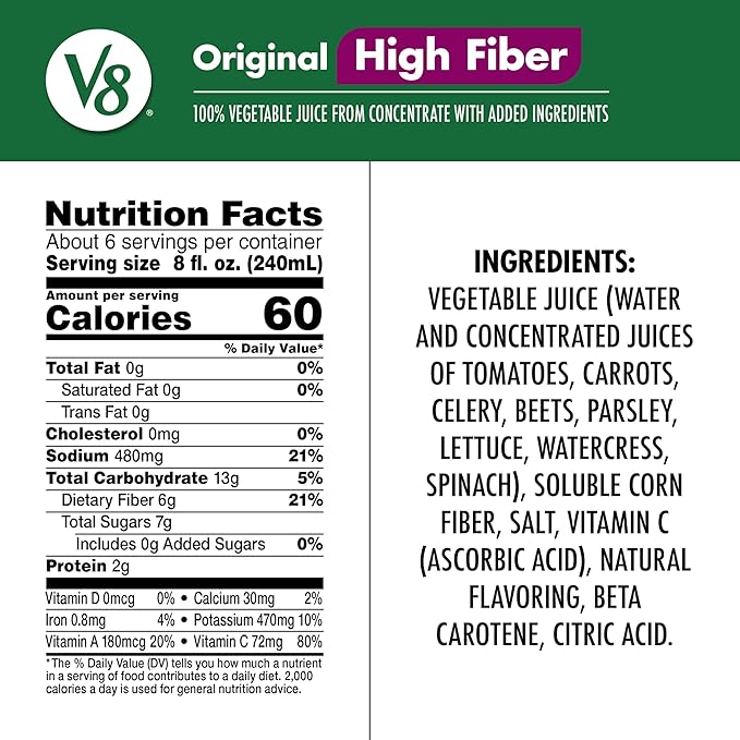 V8 High Fiber Original 100% Vegetable Juice, 46 fl oz Bottle (Pack of 2)