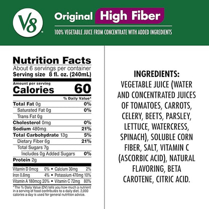 V8 High Fiber Original 100% Vegetable Juice, 46 fl oz Bottle (Pack of 2)