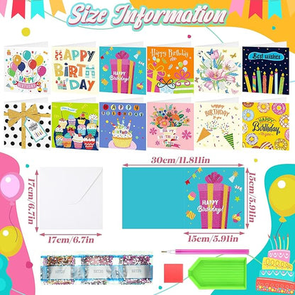 Saillong 12 Pack Happy Birthday Diamond Painting Greeting Card Kits DIY Diamond Art Cards with Envelopes Birthday Cake 5d Rhinestones Painting Kits for Adults DIY Crafts Family Friend Birthday Gifts