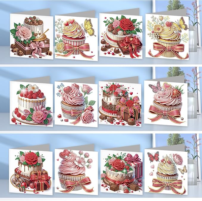 jinglinhh 12pcs Valentine's Day Diamond Art Painting Cupcake Rose Flower Butterfly Greeting Cards with Envelopes, DIY Card Making Kits for Adults, Diamond Art Birthday Holiday Cards Craft Gifts
