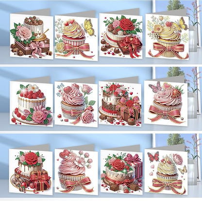jinglinhh 12pcs Valentine's Day Diamond Art Painting Cupcake Rose Flower Butterfly Greeting Cards with Envelopes, DIY Card Making Kits for Adults, Diamond Art Birthday Holiday Cards Craft Gifts