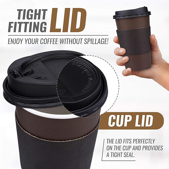 Promora 12 oz Brown Disposable Coffee Cups with Lids & Sleeves, Hot Coffee Cup Sleeves Disposable, Premium Insulated To Go Paper Cups (12 oz, Pack of 80) Brown and Black
